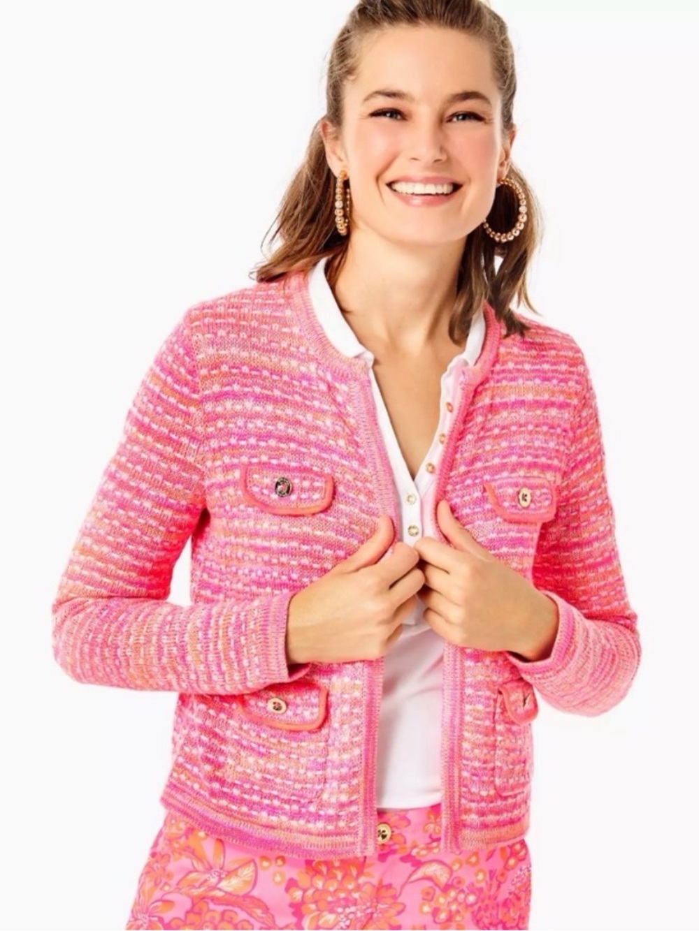 Lilly Pulitzer Kienna Cardigan Aura Pink Matallic Marl size Large NWT